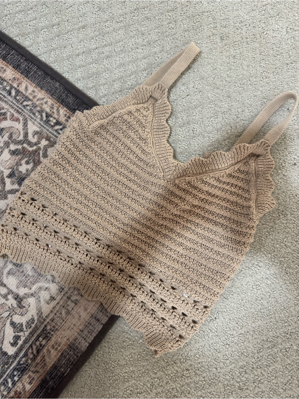 Dex Beige Crochet Tank Top with Scalloped Trim
